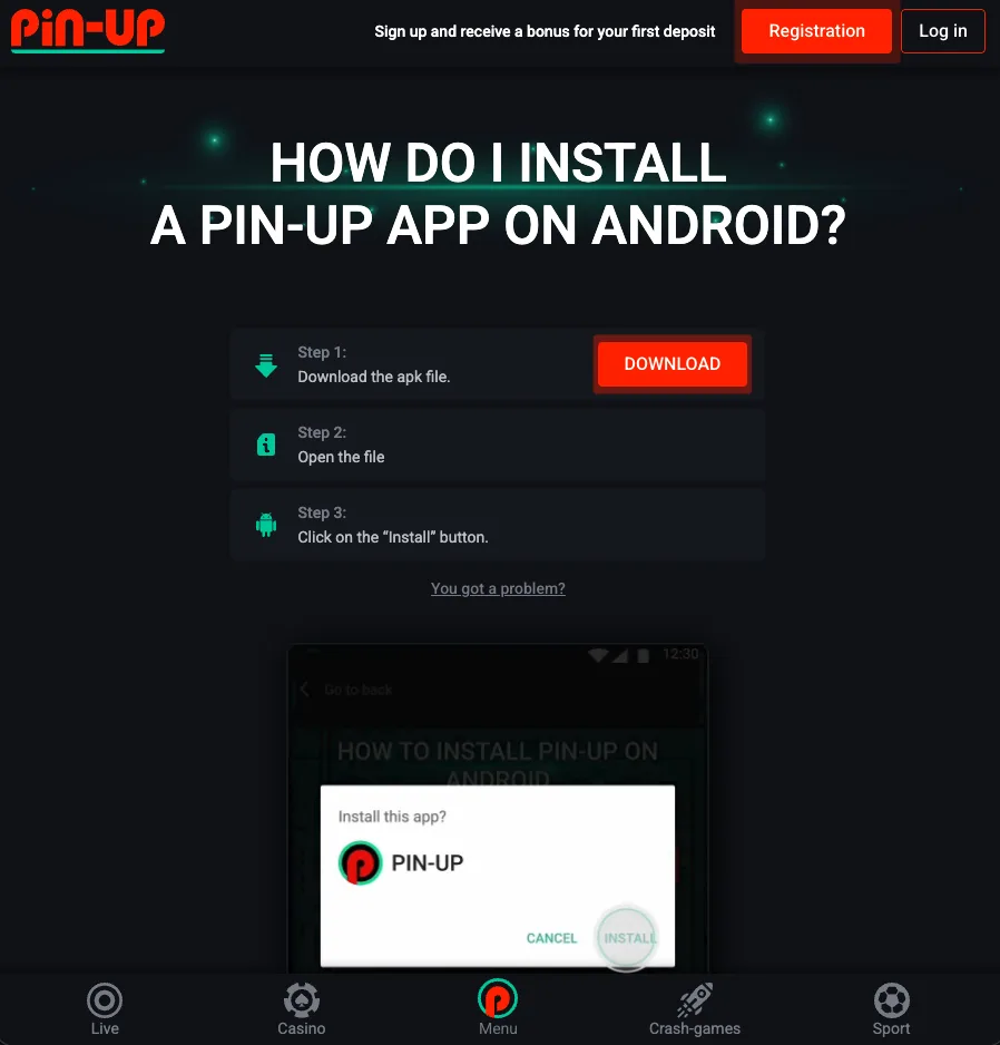 Pin Up Android app installation guide shown on a mobile device