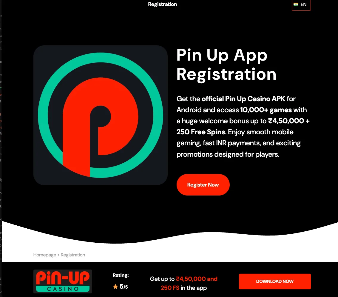Pin Up mobile app registration and APK access screen