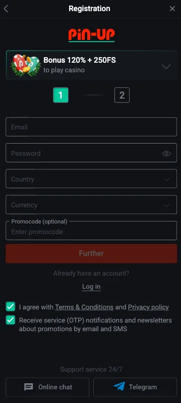 Pin Up mobile registration and bonus selection form