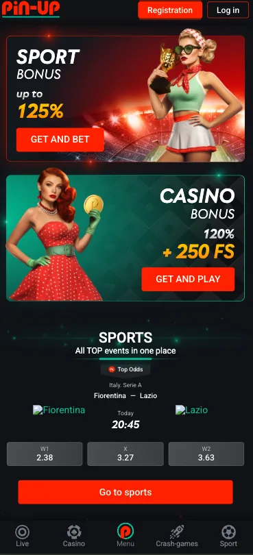 Pin Up mobile web homepage showing sport and casino bonus cards inside the mobile interface